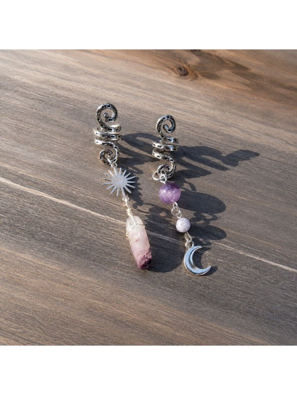 Silver Tone 2 pcs Hair Spirals with Amethyst Gemstones Celestial Moon and Star